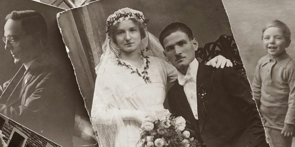 A nostalgic collage showcasing vintage black and white family photographs.